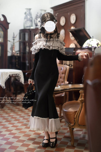 Ruffled Bowknot Fishtail Sweet Elegant Long-Sleeve Dress