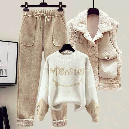 Letter Monster Set Sweater Pants Casual Vest Fleece