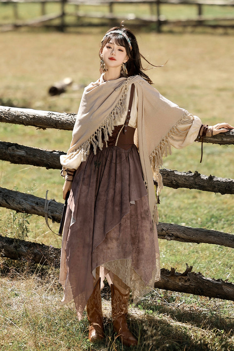 Brown Sunset Yellow Sand Print Irregular Asymmetric Vintage Lolita Dress Set