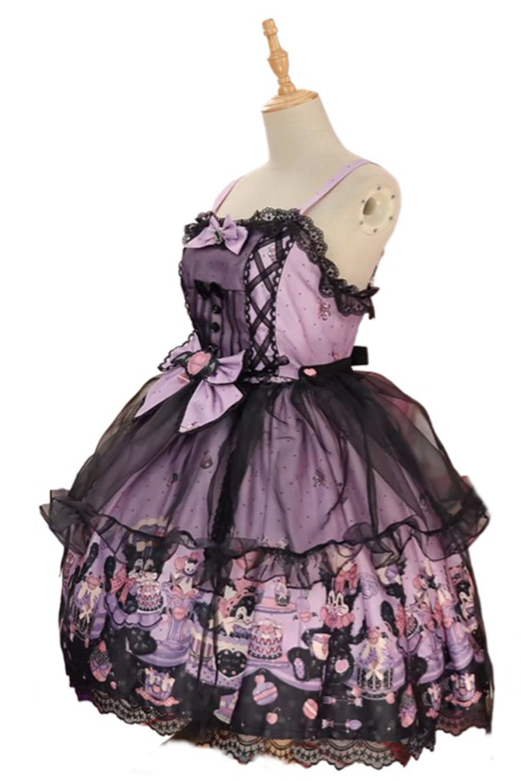 Purple Printed Gothic Lolita JSK Dress with Bowknot Lace and Ruffle
