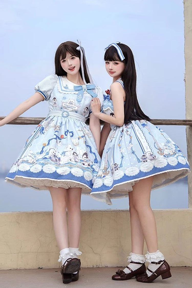 Navy Short-Sleeve Bow-Adorned Princess Gown with Ruffle Print