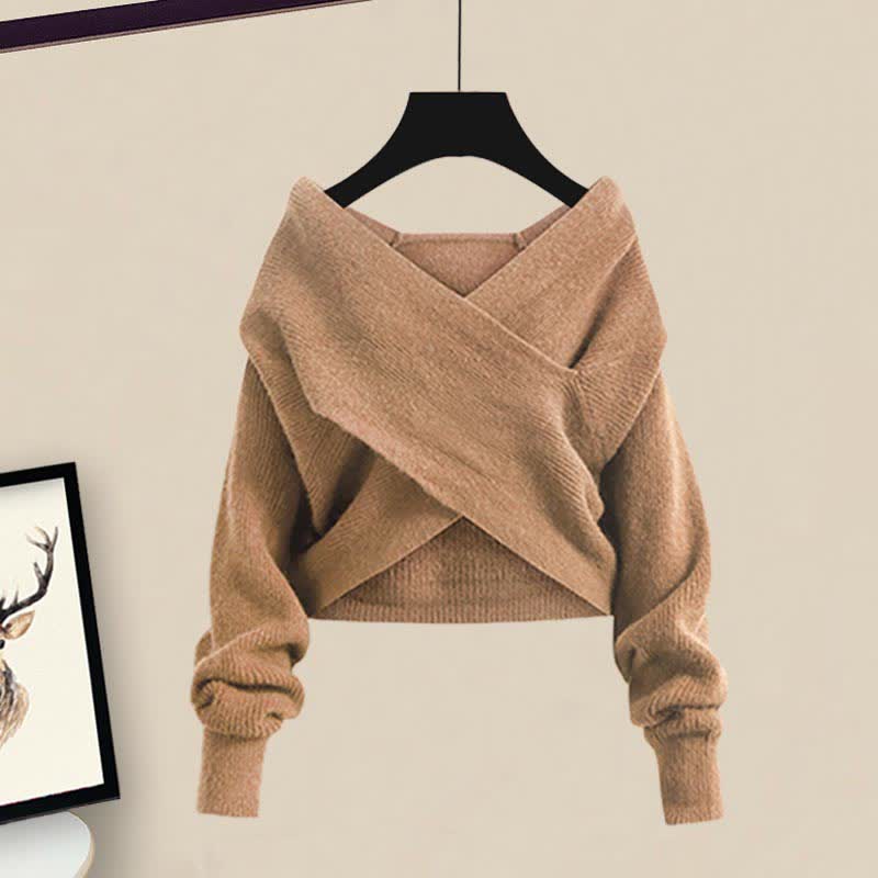 Dress Cross Ruffled Split Elegant Knitted Slip Sweater