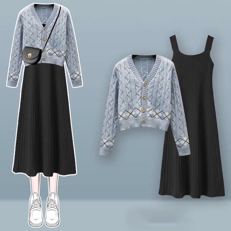 Sweater Slip Dress Rhombus Set Print Cardigan