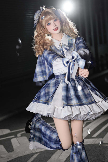 Lapel Long Sleeve Double Printed Ruffled Bow Japanese Lolita Skirt Set