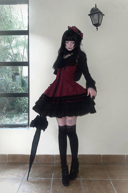 Double-Layered Striped Printed Gothic Jumper Dress with Jacquard Ruffles - Escape