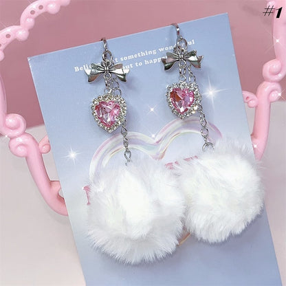 Pompons Rhinestone Detail Jirai Kei Ear Clips