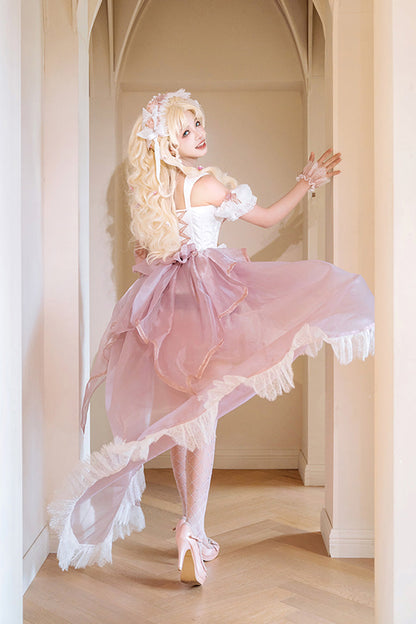 Pink Purple Rose Memoirs Sleeveless Multi-Layer Bow Lace Sweet Lolita Skirt Set