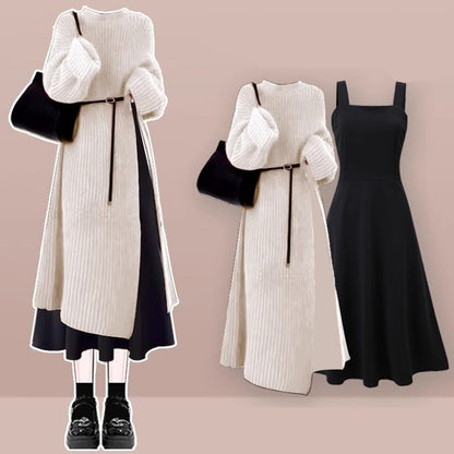 Sweater Pieces Dress Set Knit Two Black