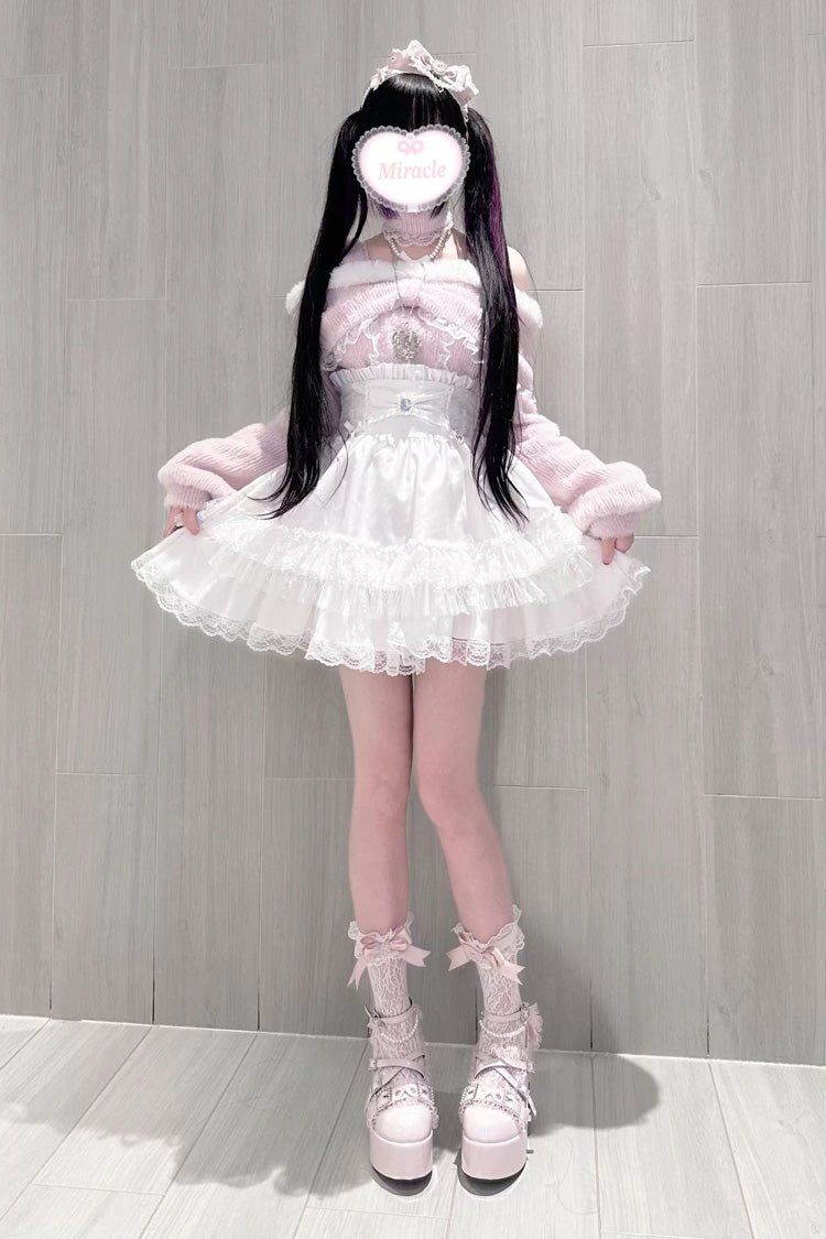 Triple-Layer Printed Ruffled Bow Lace Skirt Three Colors