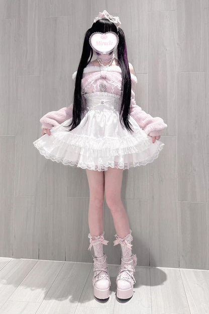 Triple-Layer Printed Ruffled Bow Lace Skirt Three Colors