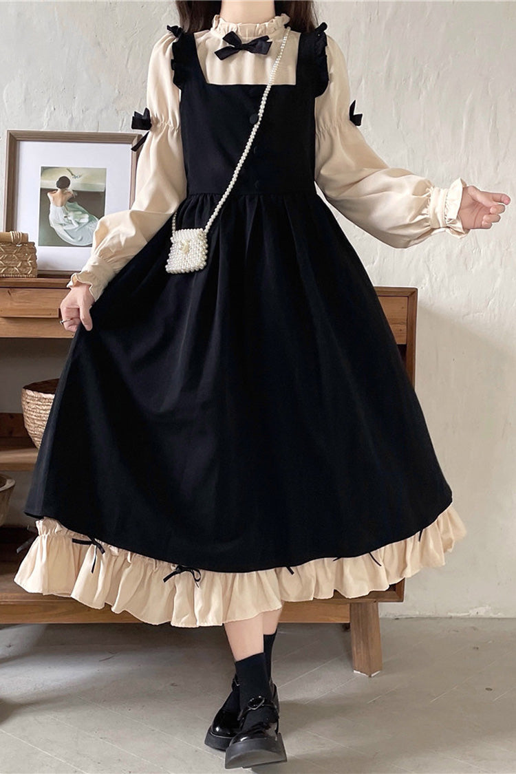 Black/Apricot Sweet Lolita Japanese Puff-Sleeved Ruffle Bowknot Dress