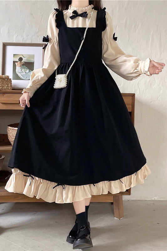 Black/Apricot Sweet Lolita Japanese Puff-Sleeved Ruffle Bowknot Dress
