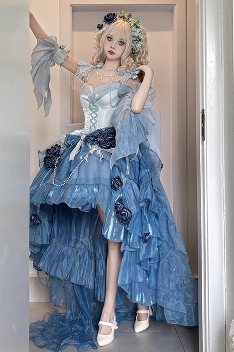 Sky Blue Sweet Ballet Lolita Swan Wonderland Embroidery Lace-Up Asymmetric JSK Dress