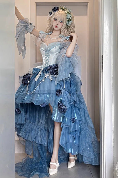 Sky Blue Sweet Ballet Lolita Swan Wonderland Embroidery Lace-Up Asymmetric JSK Dress