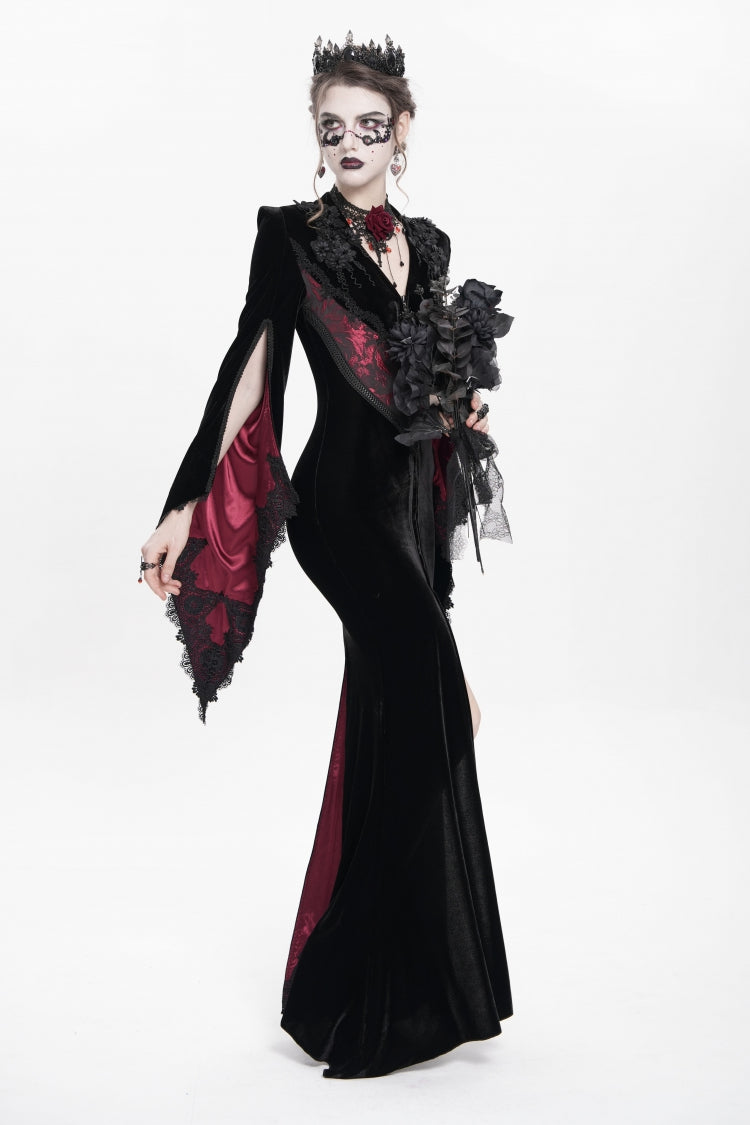 Trumpet Sleeve Floral Embroidered Velvet Gothic Dress