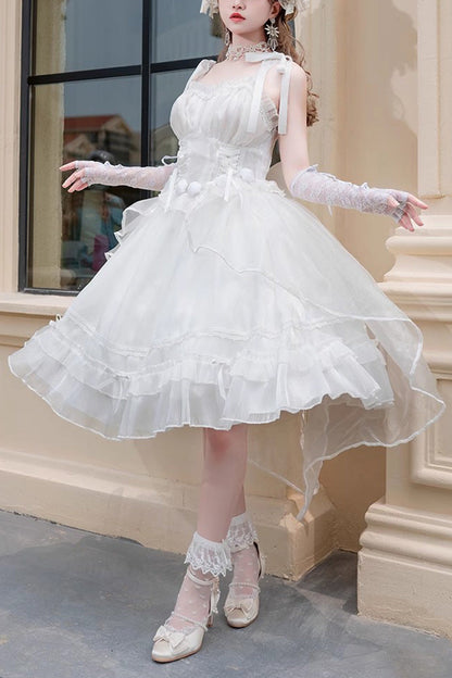 White Sleeveless Ruffled Sleeping Garden Hanayome Bow-Trim Sweet Lolita JSK Dress