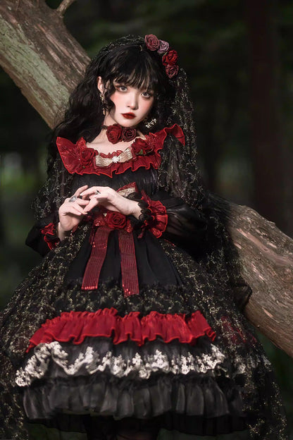 Perlia's Night Ruffled Open-Front Lolita Dress - Noir