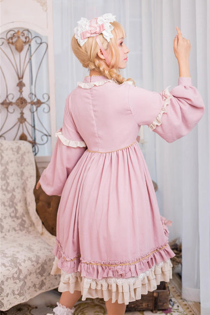 Pink Long Sleeves Ruffle Bow Daily Sweet Princess Lolita Dress