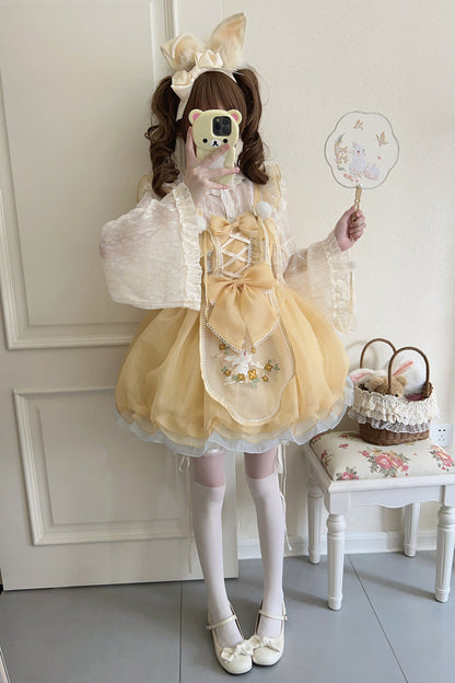 Moon Rabbit Shadow Embroidery Ruffle Bow Lace Sweet Lolita JSK in Yellow