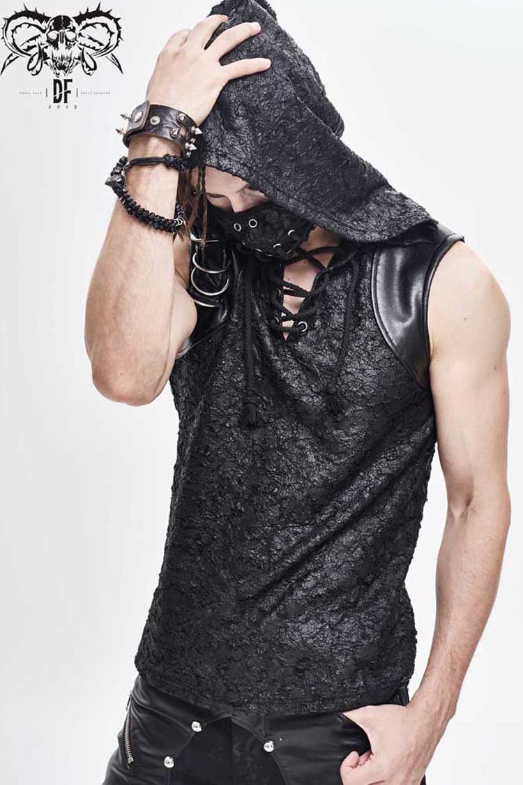 Men's Punk Knit Vest with Hood Tattered Chest Lace-Up Metal Buckle