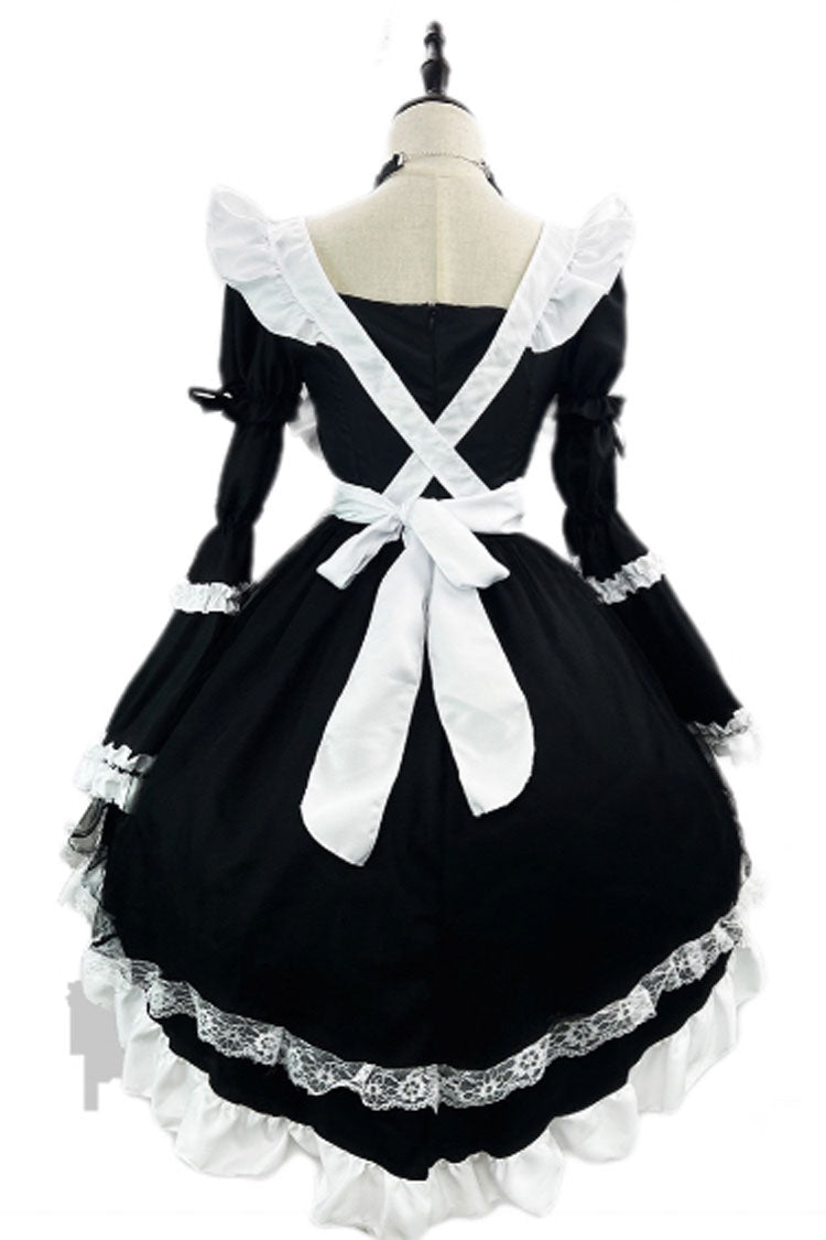 Black White Maid Long Hime Sleeve Ruffle Bow Sweet Plus Size Lolita Dress Full Set