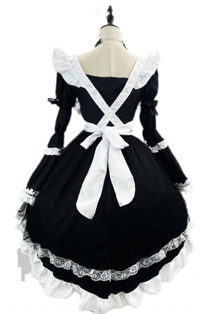 Black White Maid Long Hime Sleeve Ruffle Bow Sweet Plus Size Lolita Dress Full Set