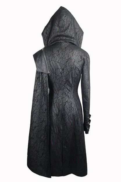 Hooded Shawl Collar Gothic Pattern Faux Leather Long Coat