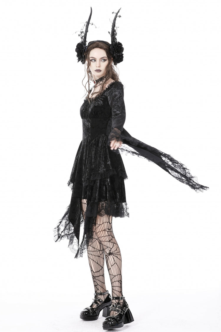 Long Trumpet Sleeve Lace Spliced Black Gothic Velvet Dress