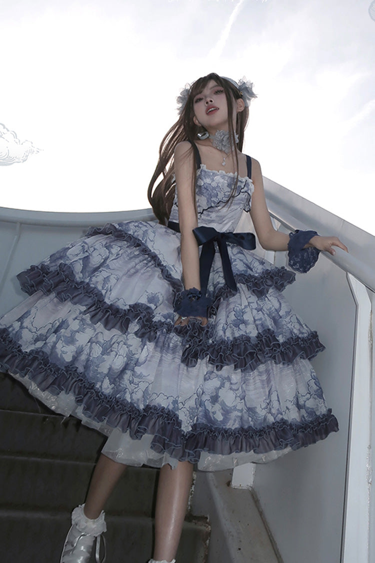 Multihued Layered Cloud Print Ribboned Lolita Jumper