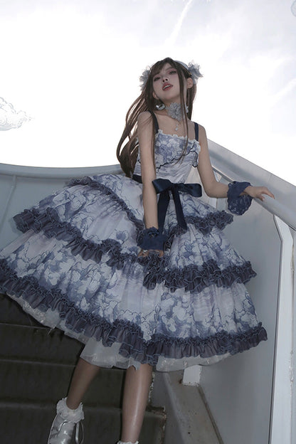Multihued Layered Cloud Print Ribboned Lolita Jumper