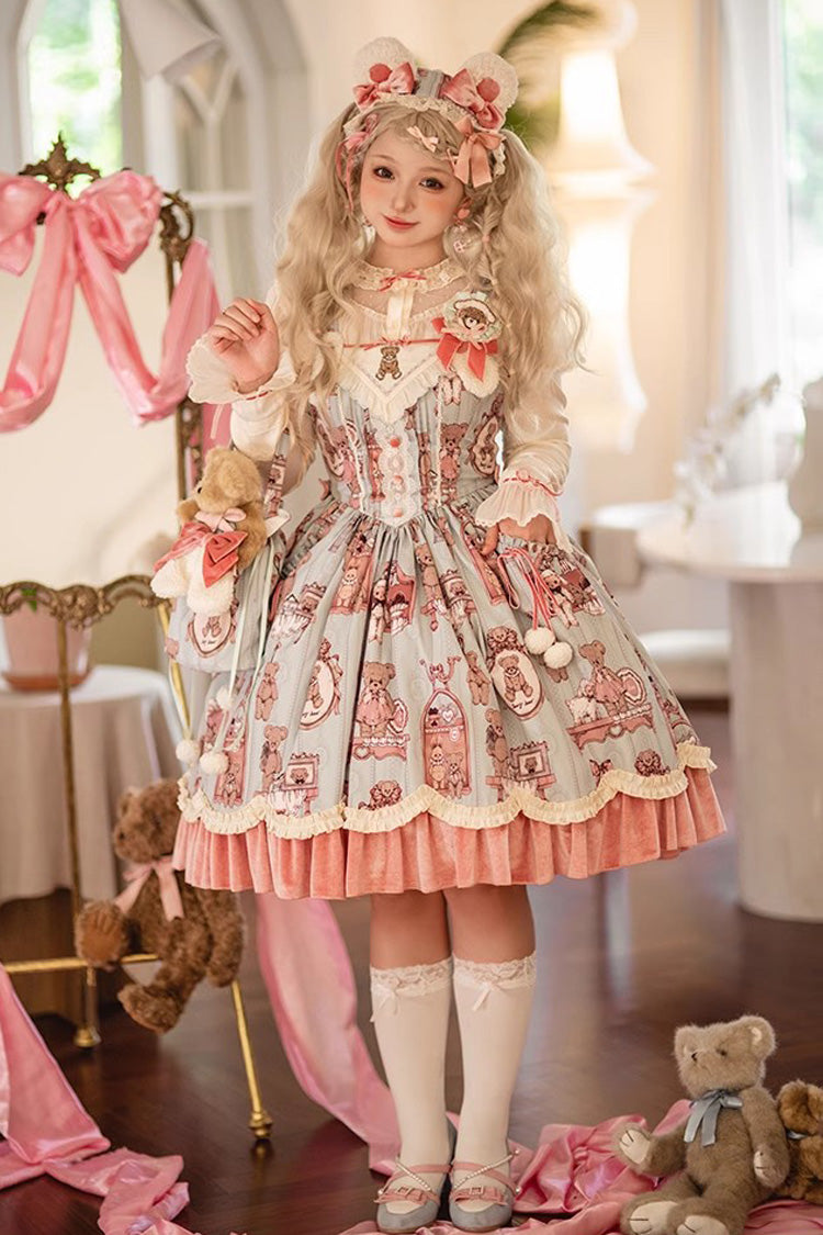 Pink/Green Sweet Lolita Bear Doll Print Ruffle Embroidery JSK Dress