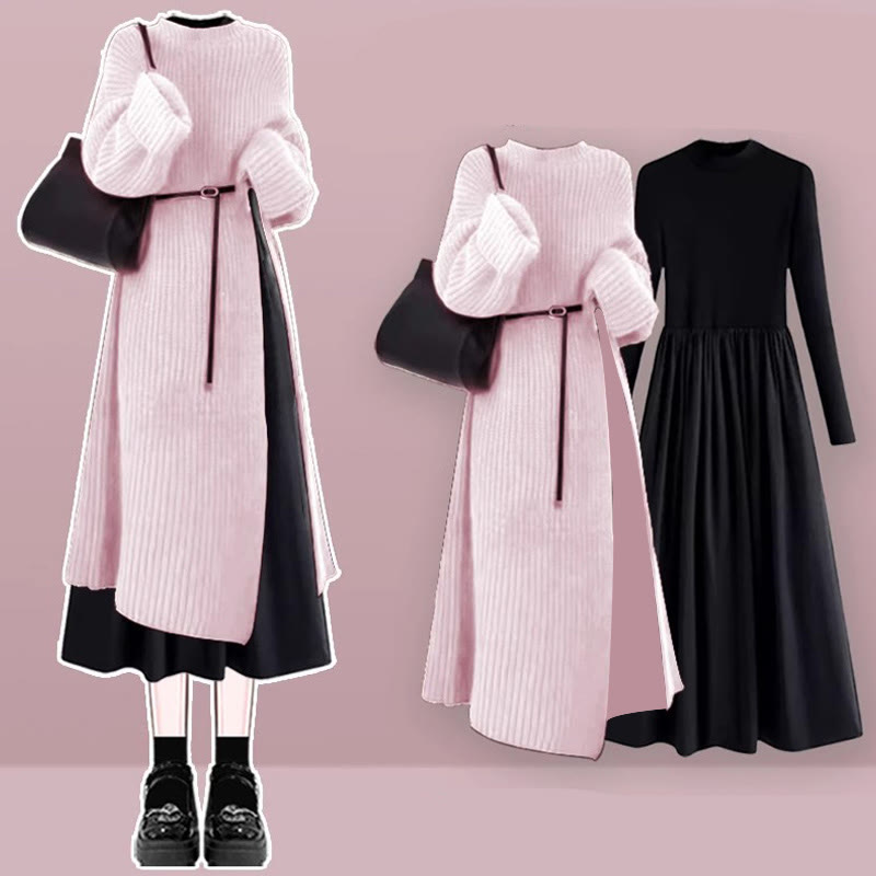 Sweater Pieces Dress Set Knit Two Black
