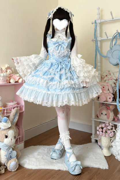 Azure Sleeveless Multilayer Ruffled Pearl Bow Lace Sweet Lolita JSK