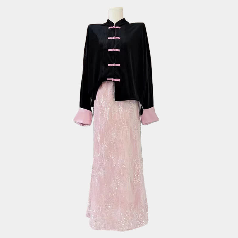 Chemise à boucle enchanteresse avec décor à paillettes et jupe en queue de poisson rose