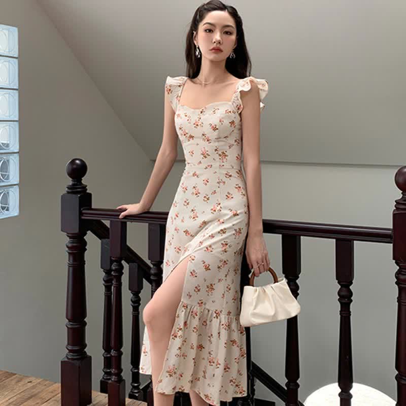 Ensemble robe nuisette fendue à imprimé floral et cardigan blanc