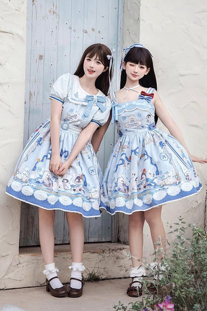Navy Short-Sleeve Bow-Adorned Princess Gown with Ruffle Print