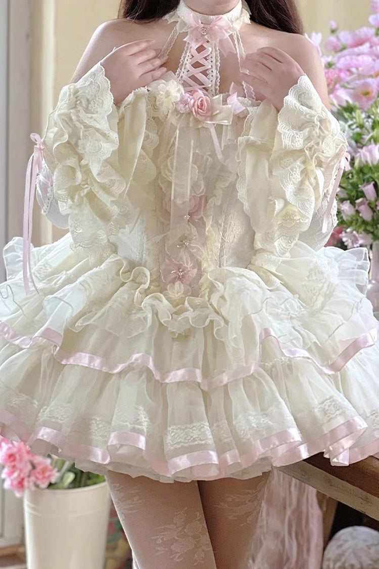 Floral Ballet Halterneck Layered Ruffled Lace Sweet Gown