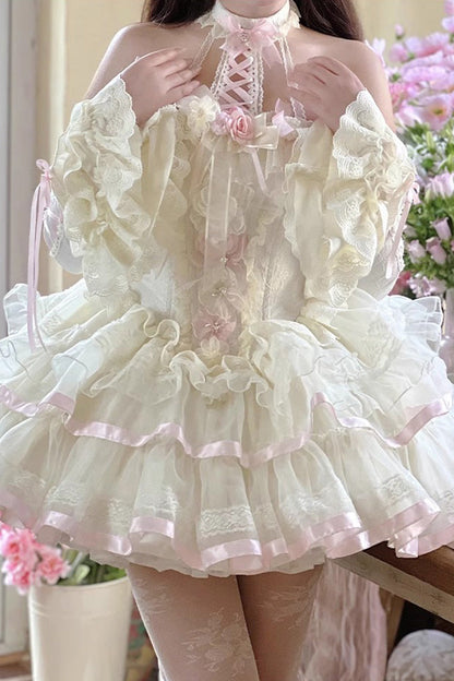 Floral Ballet Halterneck Layered Ruffled Lace Sweet Gown