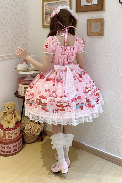 Pink Strawberry Parfait Print Short Sleeve Ruffle Bow Lace Lace-Up Sweet Lolita Dress