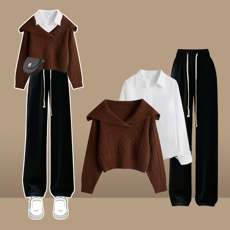 Lapel Cable Knit Sweater Shirt Draw String Casual Pants