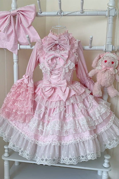 Rose Sleeveless Multi-Tier Ruffle Bow Lace Pearl Sweet Lolita Jumper - Love and Heart Flutter
