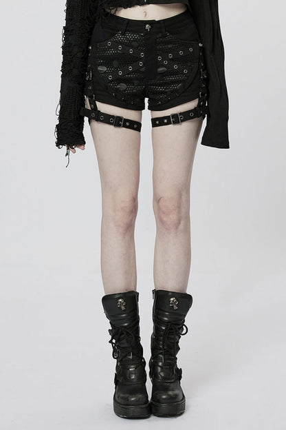 Steampunk Women's Shorts with Faux Leather Stitching Mesh and Buckles