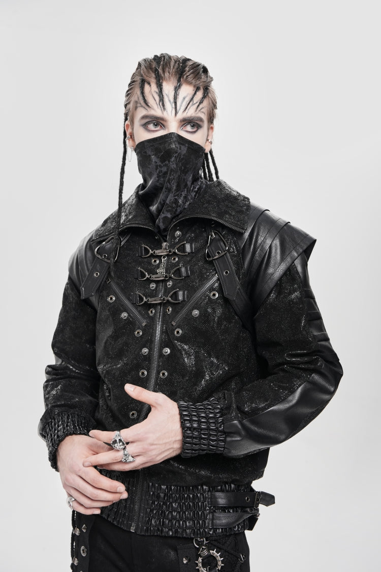 Men's Punk Coat with Buckle Zipper Straps and Stitched Black Faux Leather