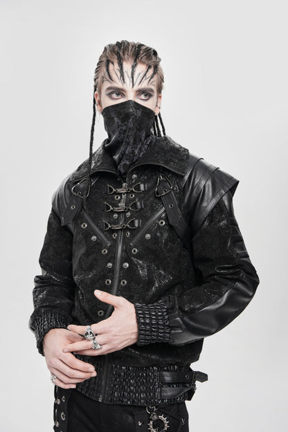 Men's Punk Coat with Buckle Zipper Straps and Stitched Black Faux Leather