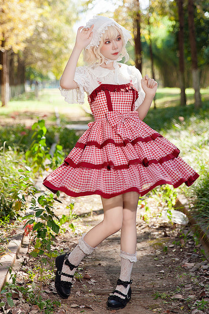 Scarlet Plaid Ruffle Bowknot Sweet Lolita Gown with Layered Design