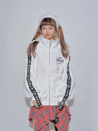 WhitePunkHigh-NeckHooded Loose Jacket