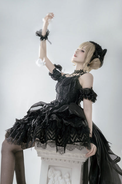 Black Rose Memoirs Sleeveless Multi-Layer Bow Lace Gothic Lolita Skirt Set