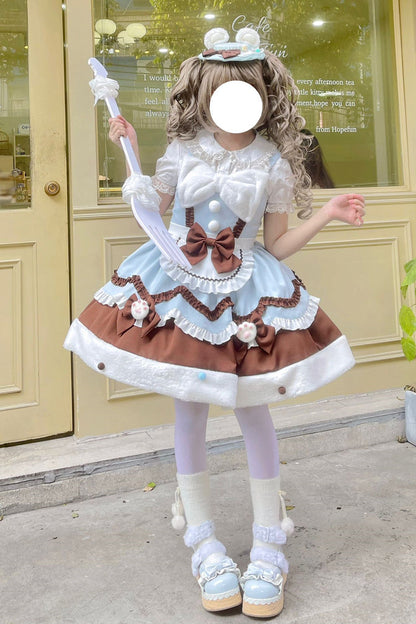 Blue/Brown Sweet Lolita Winter Ruffle Bowknot JSK Dress