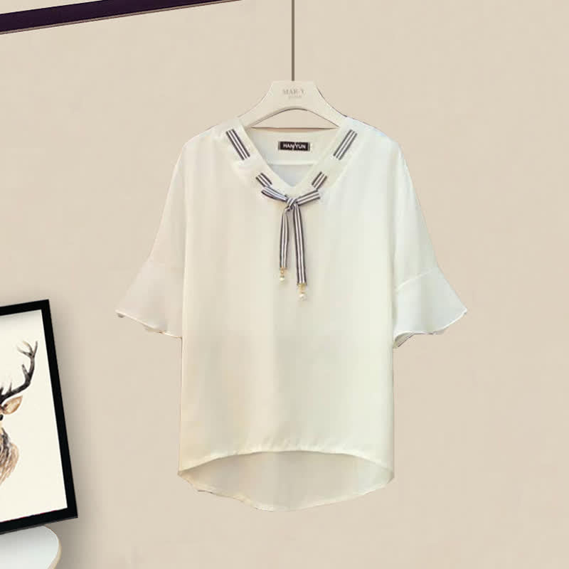 Elegantes Chiffon-T-Shirt mit Schleife und weitem Bein