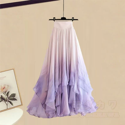 Skirt Butterfly Two Pieces Buckle Vintage Flounce Set Gradient T-shirt